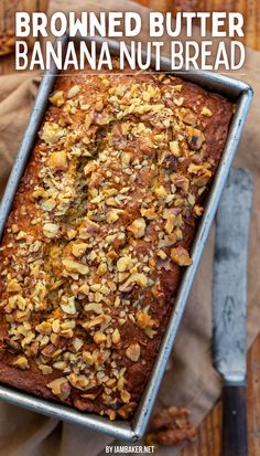 A loaf pan filled with banana nut bread, a bread knife sits off to one side. Macadamia Nut Banana Bread, Browning Butter, Nutty Banana Bread, Banana Bread Recipe Easy Moist, Banana Pecan Bread, Bread Banana, Banana Bread Pudding, Banana Nut Bread Recipe, Banana Walnut Bread