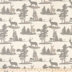 an image of a deer and trees pattern on white fabric with grey background for upholstering or wallpaper