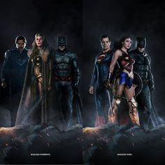 the batman, wonder woman and superman movie characters standing in front of a dark background