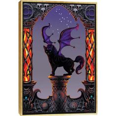 a black dragon statue sitting on top of a pillar in front of a purple sky