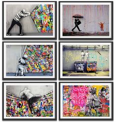 four different pictures with graffiti on the wall and one has a person holding an umbrella