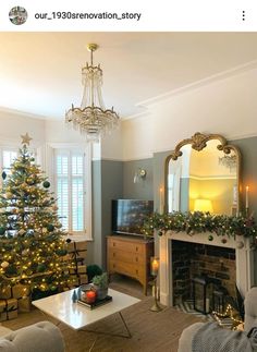 a living room filled with furniture and a christmas tree in front of a fire place