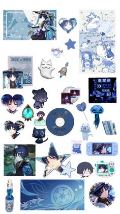 an assortment of anime wallpapers and stickers on a white background with blue accents