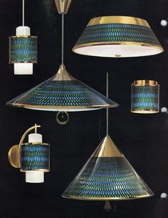 an image of some lights that are hanging from the ceiling in different styles and colors