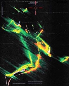 an image of a person running in the dark with green and yellow lights on their feet