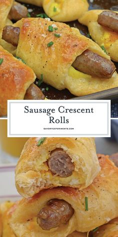 sausage crescent rolls on a baking sheet with cheese and herbs in the middle, stacked together