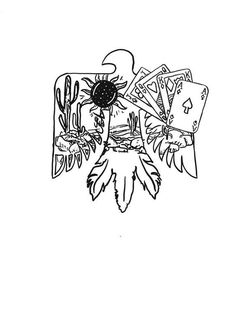 a black and white drawing of a bird with playing cards in its beak, surrounded by cactuses