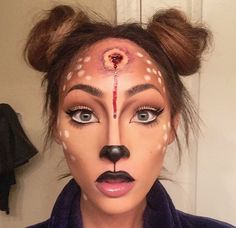 Zombie Deer Costume, Diy Deer Halloween Costumes For Women, Halloween Makeup Only Costume, Brown Dress Halloween Costume Ideas, Deer Nose Makeup, Halloween Makeup And Hair, Simple Deer Makeup Halloween, Bambi Halloween Makeup, Halloween Makeup Deer