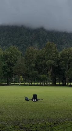 a person laying on the ground in a field with trees and mountains behind them, under a cloudy sky