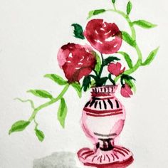 a painting of red flowers in a vase on a white background with watercolors