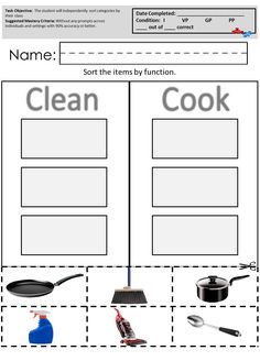 a worksheet with pictures of kitchen items