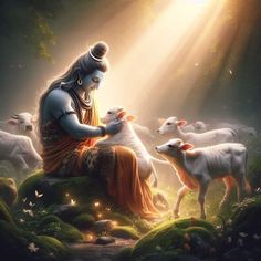 there is a person sitting on the ground with sheep in front of him and light coming from behind them