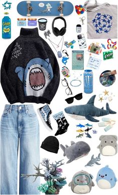 Shark Clothing Aesthetic, Cool Anime Stuff To Buy, Clothes Blue Aesthetic, Shark Sweater Aesthetic, Shark Inspired Fashion, Cute Shark Outfit, Dino Inspired Outfits, Shark Themed Outfit Aesthetic, Cute Shark Clothes