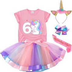 Tutu And Sian Unicorn 6th Birthday Outfit For Girls - Unicorn Birthday Shirt , Rainbow Tutu Skirt Dress, Unicorn Headband, Hair Bow & Satin Sash. All For A 6 Year Old Girl Unicorn Birthday Outfit Girl, Cute Tutu Dress With Unicorn Print For Birthday, Rainbow Unicorn Birthday Shirt, 6th Birthday Girls, 5th Birthday Girls, Cute Unicorn Print Tutu Dress For Dress-up, Unicorn Birthday Outfit, Affordable Unicorn Print T-shirt For Birthday, Baby Costumes Girl