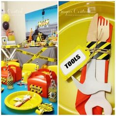 there is a table set up with yellow and red plates, forks and napkins