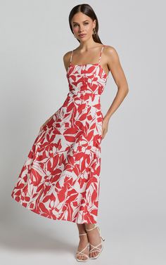 Nylia Midi Dress - Strappy Fit and Flare Dress in Red Floral | Showpo USA Red Flowy Floral Midi Dress, Red Sleeveless Fit And Flare Midi Dress, Sleeveless Red Printed Midi Dress, Floral Print V-neck Fit And Flare Midi Dress, Red Floral Print Non-stretch Dress, Red Sequin Dress, Basic Black Dress, Spring Maxi Dress, Bachelorette Dress