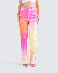 This print and these colors? 🥵 We gon be lookin like a starburst pack and all these h*es will be tryna take a bite... What's ya fave flavor? 👅👀 The print is randomly placed so each garment will be uniquely different Trendy Multicolor Straight Leg Pants, Casual Multicolor All Over Print Pants, Casual Multicolor Pants With All Over Print, Casual Multicolor All-over Print Pants, Trendy Multicolor Straight Leg Jeans, Trendy Multicolor Jeans, Trendy Colorful Pants For Spring, Trendy Colorful Bottoms For Spring, Trendy Multicolor Straight Pants