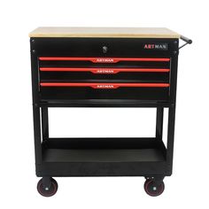 a black and red tool cart with drawers on it's wheels is shown against a white background