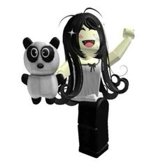 a woman holding a stuffed panda bear on top of a black and white stand with her arms in the air