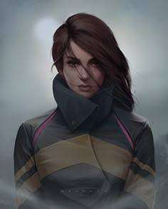 a digital painting of a woman with long hair and an over - sized jacket on