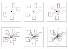 four squares with different shapes and lines in the middle one has a flower on it