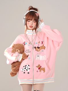 This jacket features a convenient zip-up design, making it easy to put on and take off. Adorned with adorable puppy and letter embroidery, it exudes a sweet, youthful charm. The cuffs and hemline are crafted with an elastic design, incorporating multiple colors for a stylish and unique look.  Please note that the price is for the jacket only.   	 		 			Size 			S 			M 			L 		 		 			Length 			72 			74 			76 		 		 			Bust 			120 			124 			128 		 		 			Shoulders 			55 			56 			57 		 		 			Sleeve Length 			59 			60 			61 Photograph Reference, Kawaii Jacket, Puppy Embroidery, Pokemon Bead, Butterfly Tank Top, Steampunk Fashion Male, Slouchy Top, Gothic Skirts, Korean Clothes