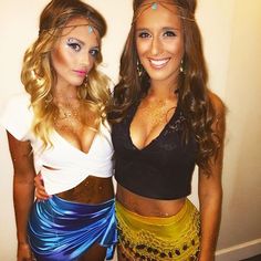 two beautiful young women standing next to each other