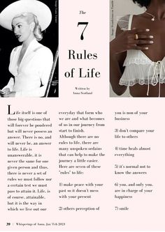 an advertisement for the 7 rules of life, featuring a woman wearing a white hat