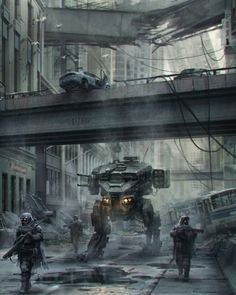 some sci - fi characters are walking on the street in front of an overpass