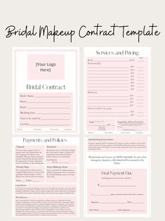 the bridal makeup contract template is shown in pink and black, with text overlaying