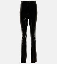 Coated High Rise Slim Pants in Black - Rotate Birger Christensen | Mytheresa Sleek Fitted Shiny Pants, Sleek Stretch Shiny Pants, Sleek Fitted Shiny Bottoms, Sleek Shiny Bottoms For Party, Trendy Shiny Leggings For Night Out, Sleek Shiny Black Bottoms, High Waist Faux Leather Pants, Shiny Fitted Pants For Fall, Fitted Shiny Pants For Fall