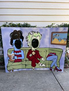 a painting of two people sitting on a couch