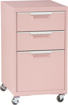 a pink filing cabinet with three drawers on casteors and wheels, against a white background