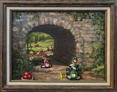 an oil painting of people on motorbikes in front of a stone tunnel