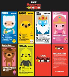 the adventure time movie poster is shown in different colors and sizes, including one with a bear