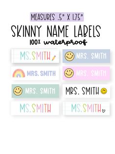 six different name labels with smiley faces and rainbows on them, including the names for each