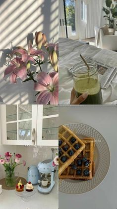 a collage of photos with flowers and food