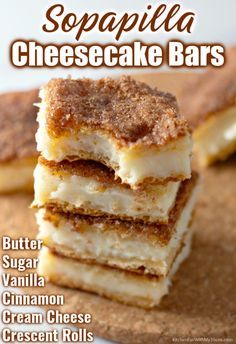 three pieces of cheesecake bars stacked on top of each other