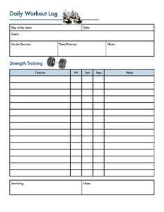 daily workout log is shown in the form of a printable worksheet for