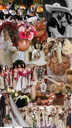 a collage of wedding photos with flowers and vases in the middle, bride and groom kissing