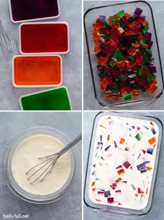 four pictures showing how to make colorful jello with candy bars and other toppings