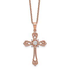 14k rose gold over sterling silver polished cable chain necklace with cubic zirconia stones studded cross pendant. Chain measures approximately 18"L x 1/16"W + 2" extender, pendant measures 1 1/2"L x 13/16"W. Completes with fancy lobster clasp. Rose Gold Cross Necklace, Cable Chain Necklace, Gold Cross Necklace, Stone Studs, Cross Jewelry, Gold Cross, Rose Gold Necklace, Cable Chain, Cross Pendant