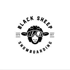 black sheep snowboarding logo with goggles on it's head and the words