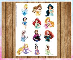 disney princess stickers on a wooden background