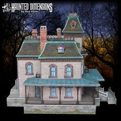 a paper model of a house in the dark with trees behind it and text overlay that reads, haunted dimensionss by ray kerm