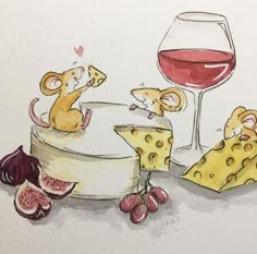 a drawing of mice eating cheese and wine