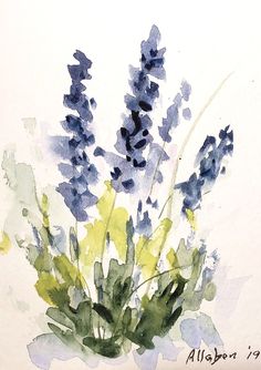 watercolor painting of blue and green flowers on white paper