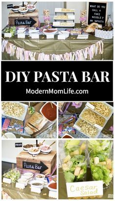 a collage of pictures showing different foods and desserts on a table with the words diy pasta bar