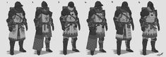 the concept art for person's character sheet, which includes several different armors