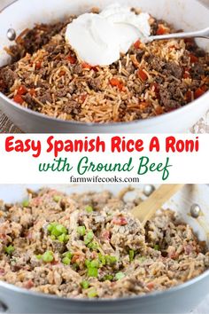 an easy spanish rice recipe with ground beef in a skillet and topped with sour cream